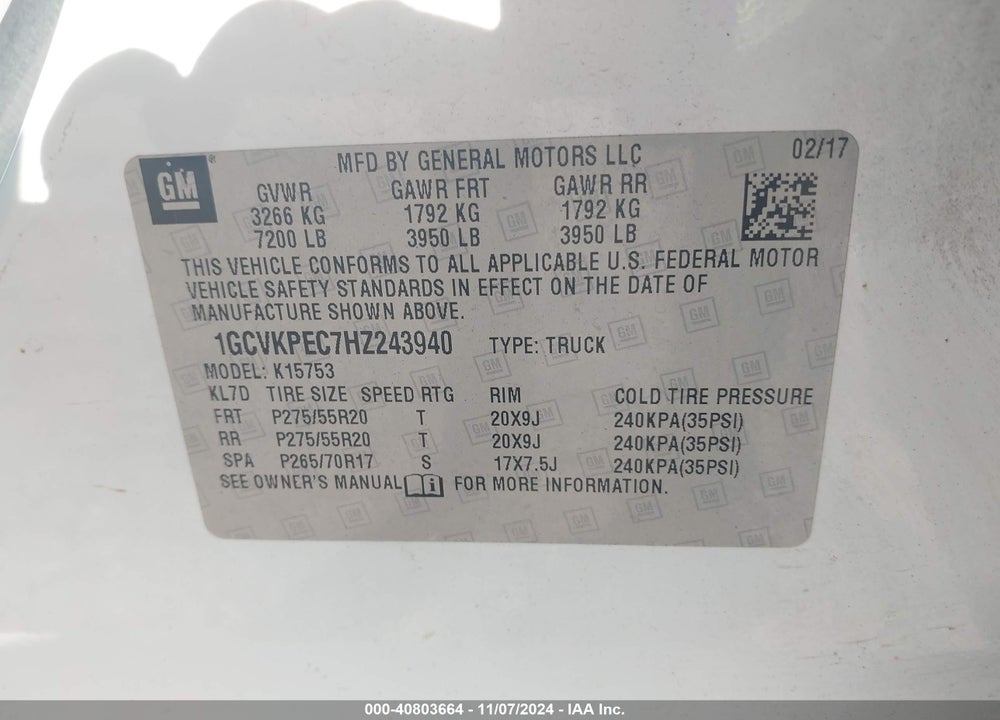 2017 CHEVROLET SILVERADO 1500 CUSTOM VIN: 1GCVKPEC7HZ243940