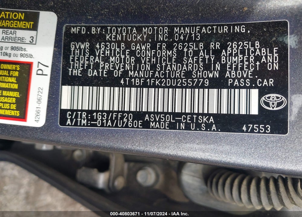 2013 TOYOTA CAMRY SE VIN: 4T1BF1FK2DU255779