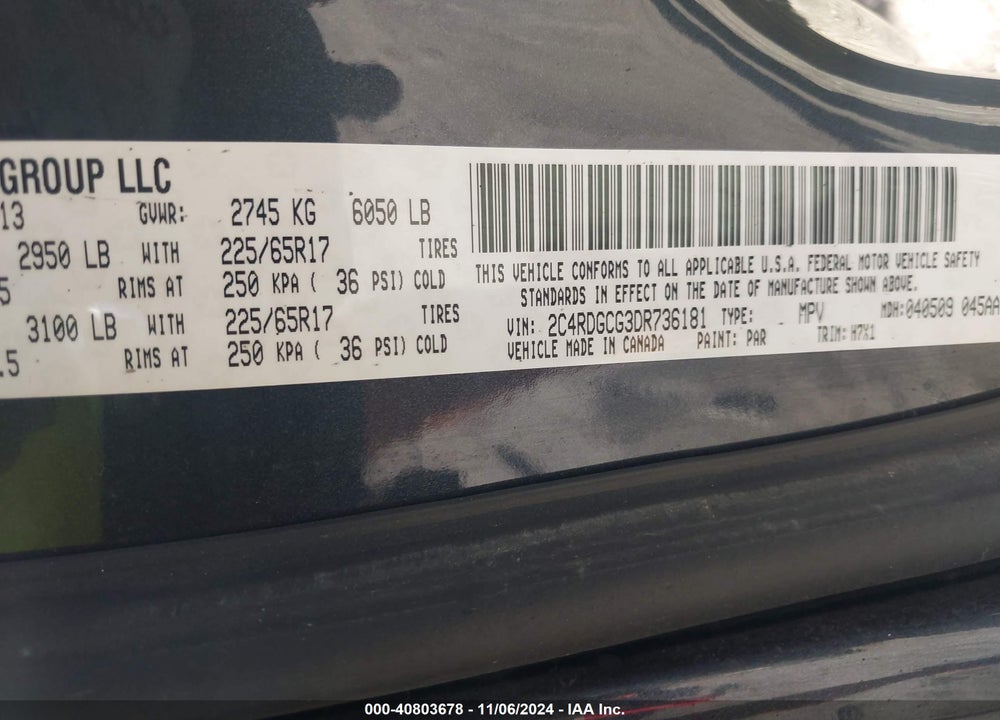 2013 DODGE GRAND CARAVAN VIN: 2C4RDGCG3DR736181