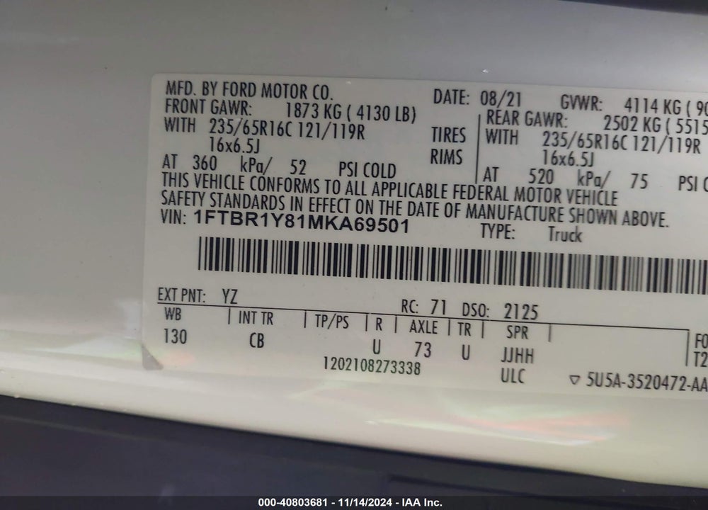 2021 FORD TRANSIT-250 CARGO VAN VIN: 1FTBR1Y81MKA69501