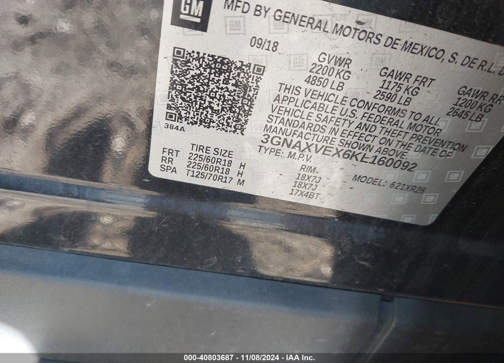 2019 CHEVROLET EQUINOX LT VIN: 3GNAXVEX6KL160092