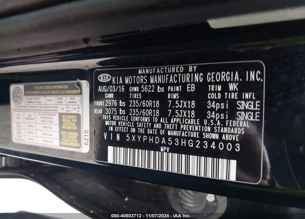 2017 KIA SORENTO 3.3L EX VIN: 5XYPHDA53HG234003