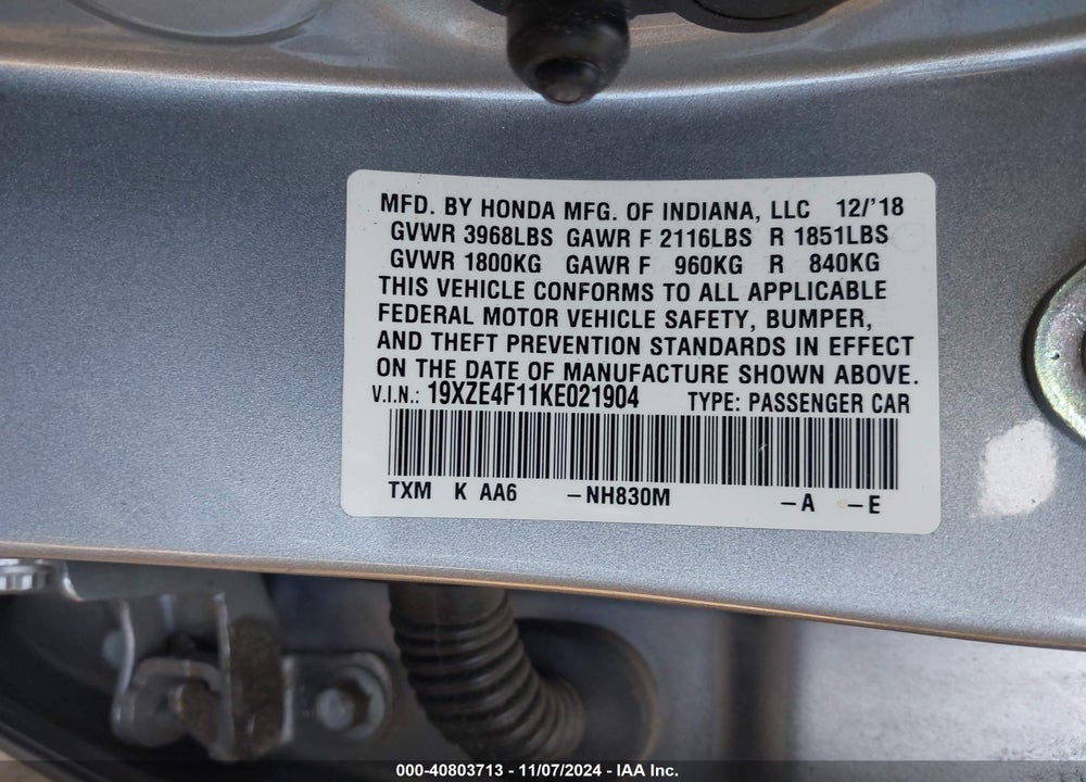 2019 HONDA INSIGHT VIN: 19XZE4F11KE021904