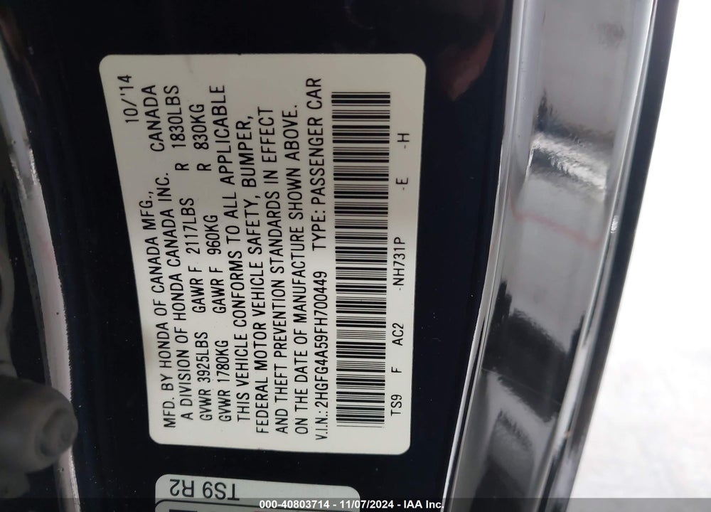 2015 HONDA CIVIC SI VIN: 2HGFG4A59FH700449