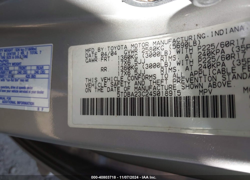 2004 TOYOTA SIENNA LE VIN: 5TDBA23C24S018915