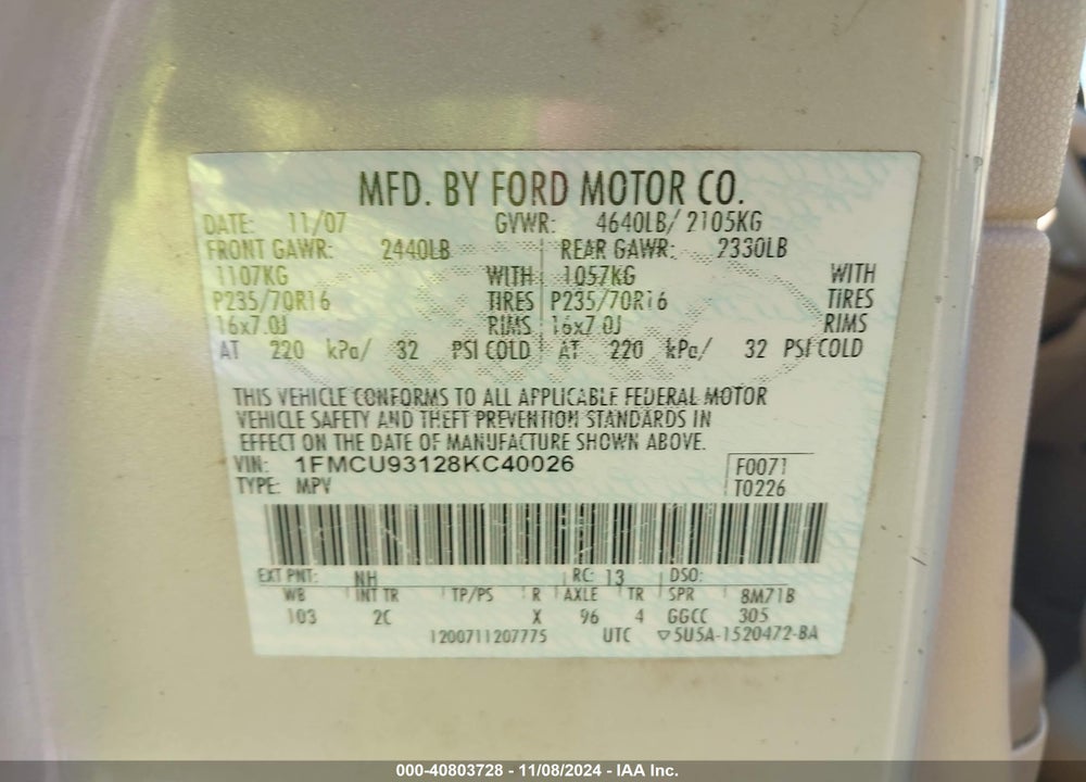 2008 FORD ESCAPE XLT VIN: 1FMCU93128KC40026