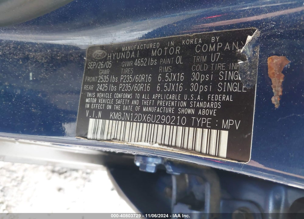 2006 HYUNDAI TUCSON GLS/LIMITED VIN: KM8JN12DX6U290210