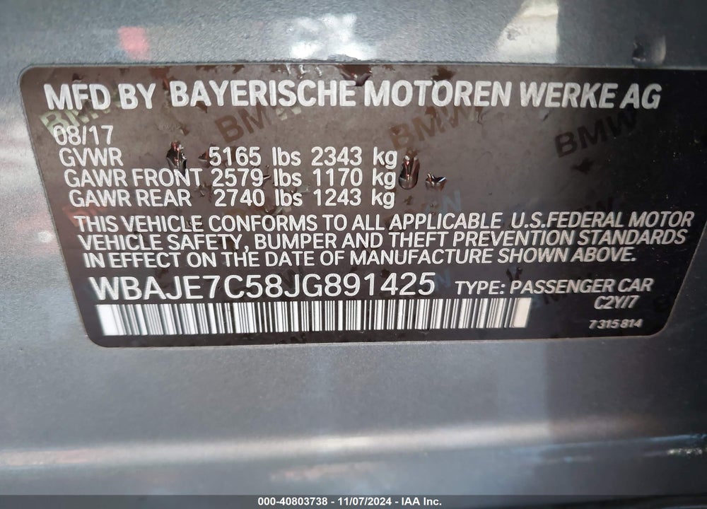 2018 BMW 540I XDRIVE VIN: WBAJE7C58JG891425