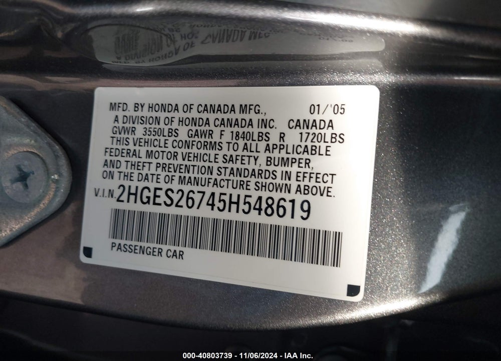 2005 HONDA CIVIC EX VIN: 2HGES26745H548619