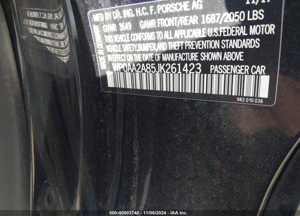 2018 PORSCHE 718 CAYMAN VIN: WP0AA2A85JK261423