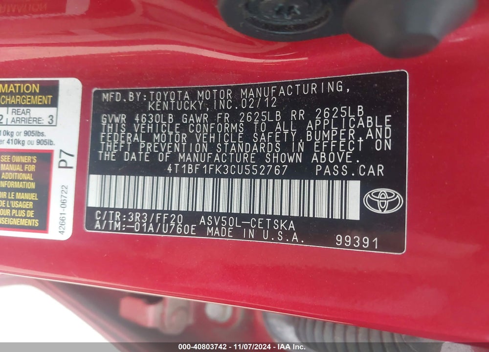 2012 TOYOTA CAMRY SE VIN: 4T1BF1FK3CU552767