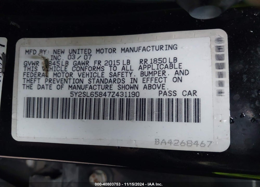2007 PONTIAC VIBE VIN: 5Y2SL65847Z431190