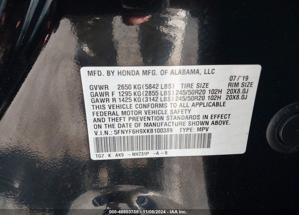 2019 HONDA PILOT TOURING VIN: 5FNYF6H9XKB100389