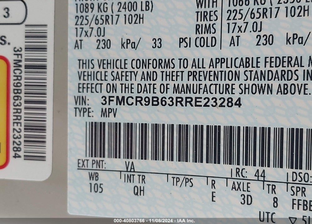 2024 FORD BRONCO SPORT BIG BEND VIN: 3FMCR9B63RRE23284