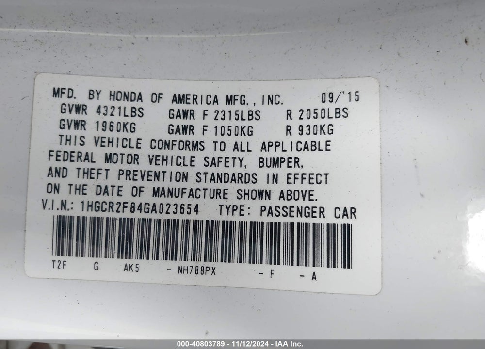 2016 HONDA ACCORD EX-L VIN: 1HGCR2F84GA023654