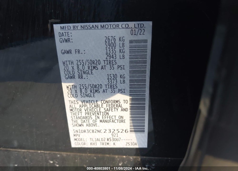 2022 NISSAN PATHFINDER SL 2WD VIN: 5N1DR3CB2NC232526