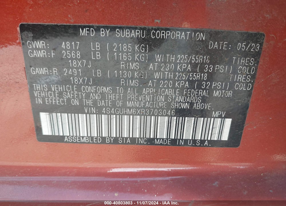 2024 SUBARU CROSSTREK LIMITED VIN: 4S4GUHM6XR3703046