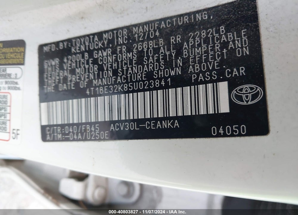 2005 TOYOTA CAMRY LE VIN: 4T1BE32K85U023841