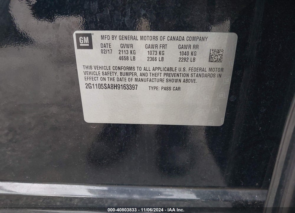 2017 CHEVROLET IMPALA 1LT VIN: 2G1105SA8H9163397