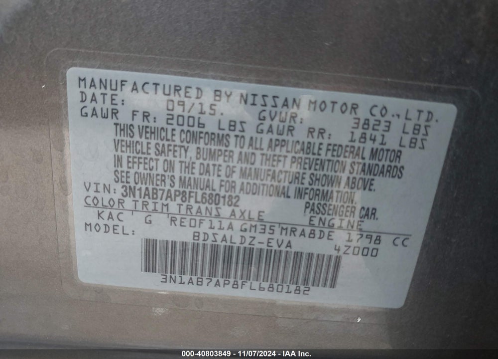 2015 NISSAN SENTRA SV VIN: 3N1AB7AP8FL680182