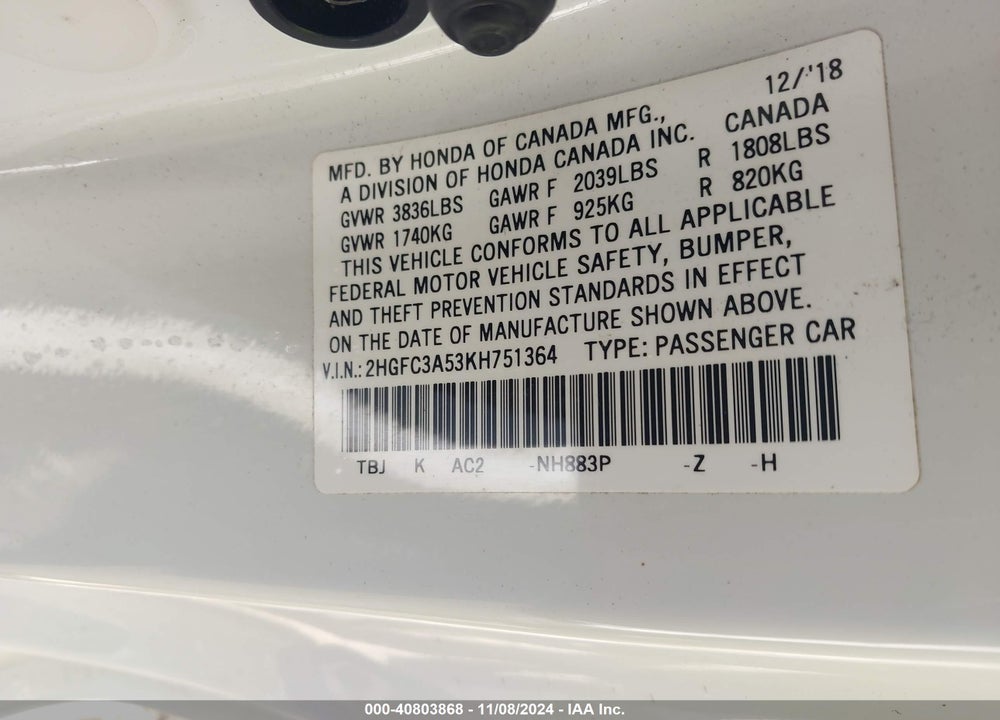 2019 HONDA CIVIC SI VIN: 2HGFC3A53KH751364