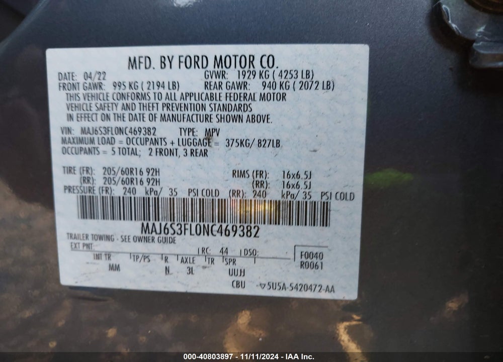 2022 FORD ECOSPORT S VIN: MAJ6S3FL0NC469382