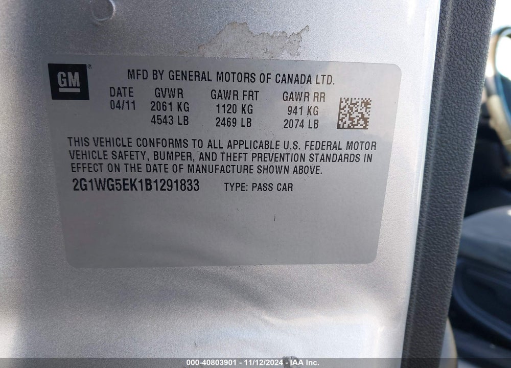 2011 CHEVROLET IMPALA LT VIN: 2G1WG5EK1B1291833