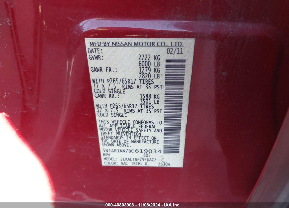 2011 NISSAN PATHFINDER SV VIN: 5N1AR1NN7BC619034