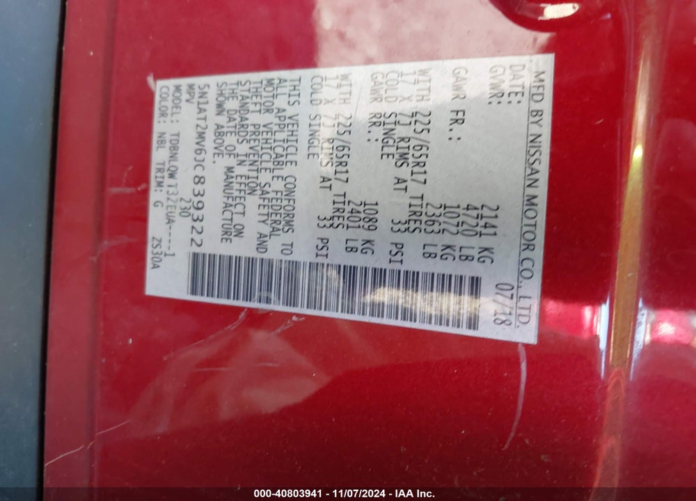 2018 NISSAN ROGUE SV VIN: 5N1AT2MV6JC839322