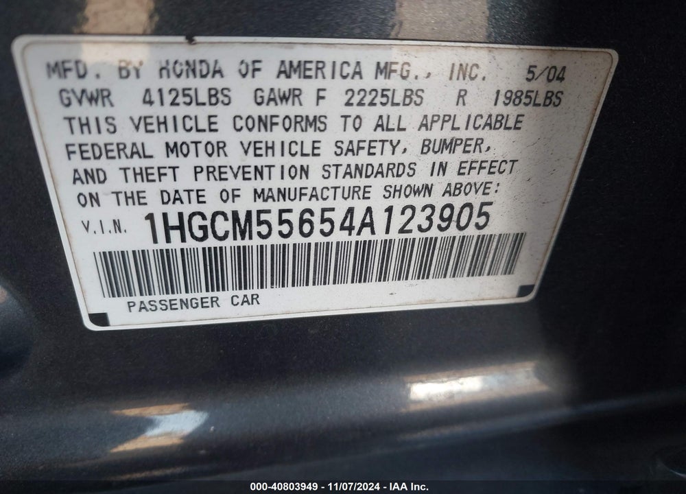 2004 HONDA ACCORD SDN EX VIN: 1HGCM55654A123905