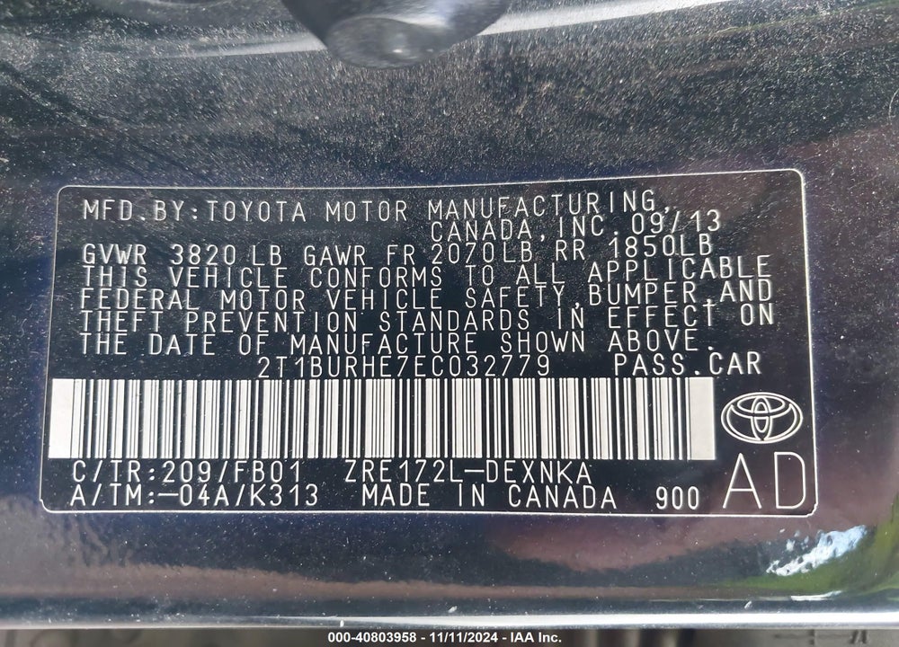 2014 TOYOTA COROLLA LE VIN: 2T1BURHE7EC032779