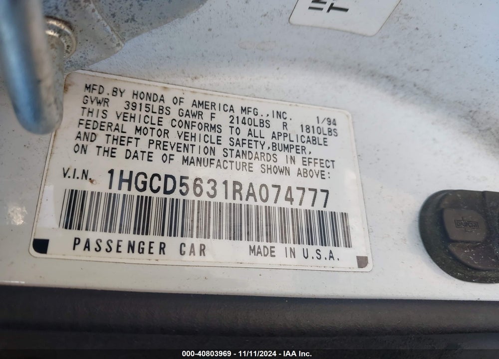 1994 HONDA ACCORD LX/EX VIN: 1HGCD5631RA074777