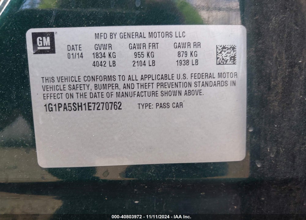 2014 CHEVROLET CRUZE LS AUTO VIN: 1G1PA5SH1E7270762
