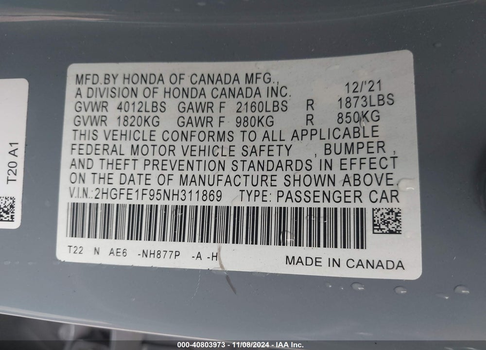 2022 HONDA CIVIC VIN: 2HGFE1F95NH311869