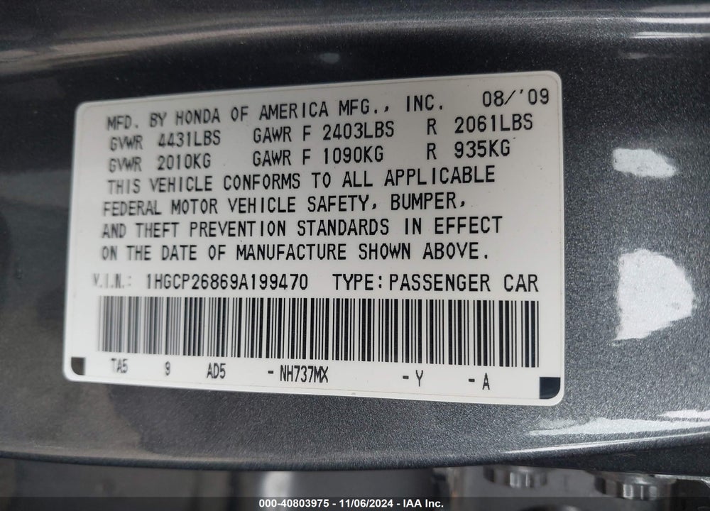 2009 HONDA ACCORD VIN: 1HGCP26869A199470