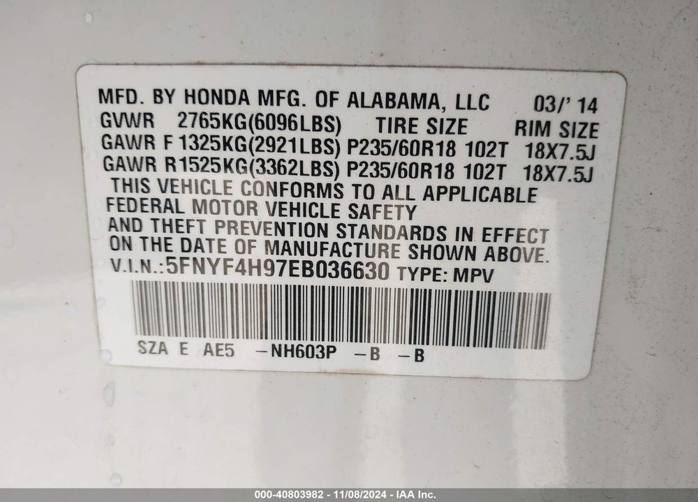 2014 HONDA PILOT TOURING VIN: 5FNYF4H97EB036630