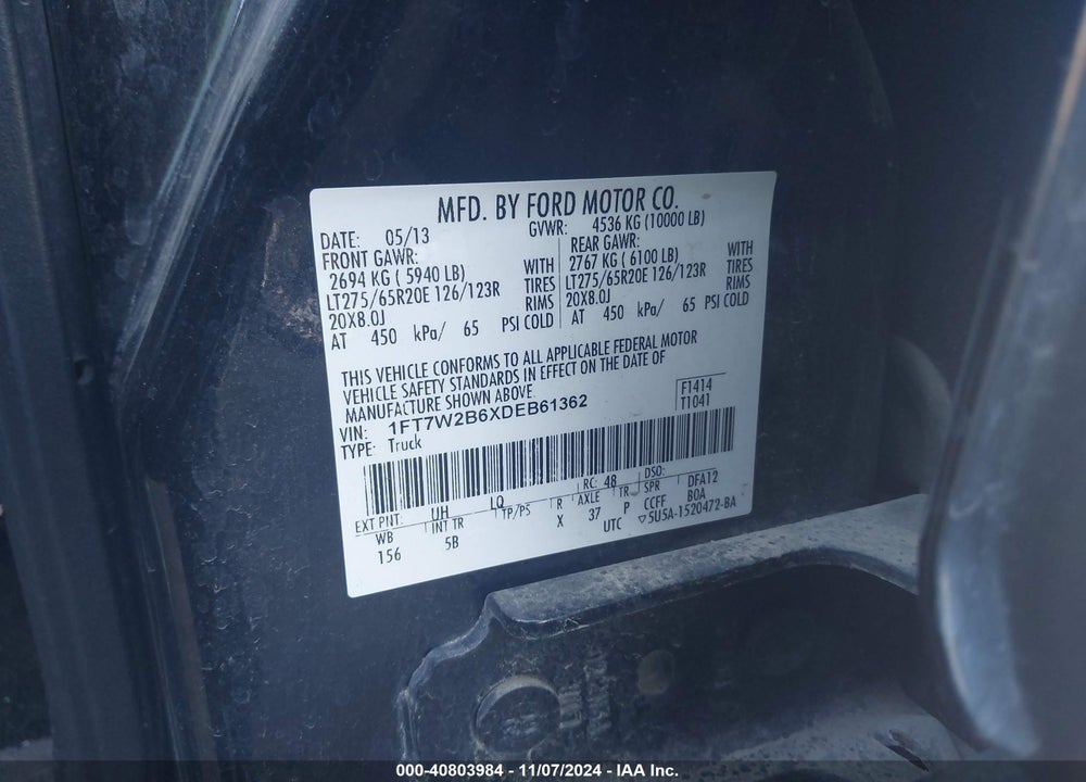 2013 FORD F-250 VIN: 1FT7W2B6XDEB61362