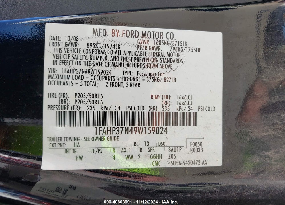 2009 FORD FOCUS SEL VIN: 1FAHP37N49W159024