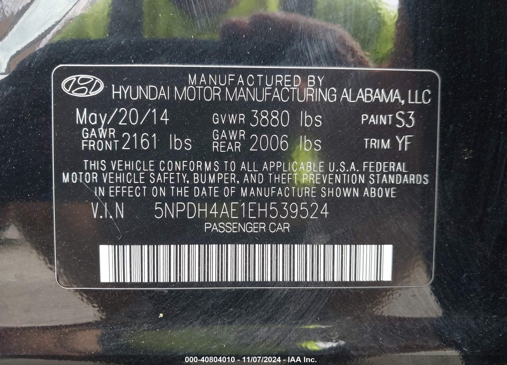 2014 HYUNDAI ELANTRA SE VIN: 5NPDH4AE1EH539524