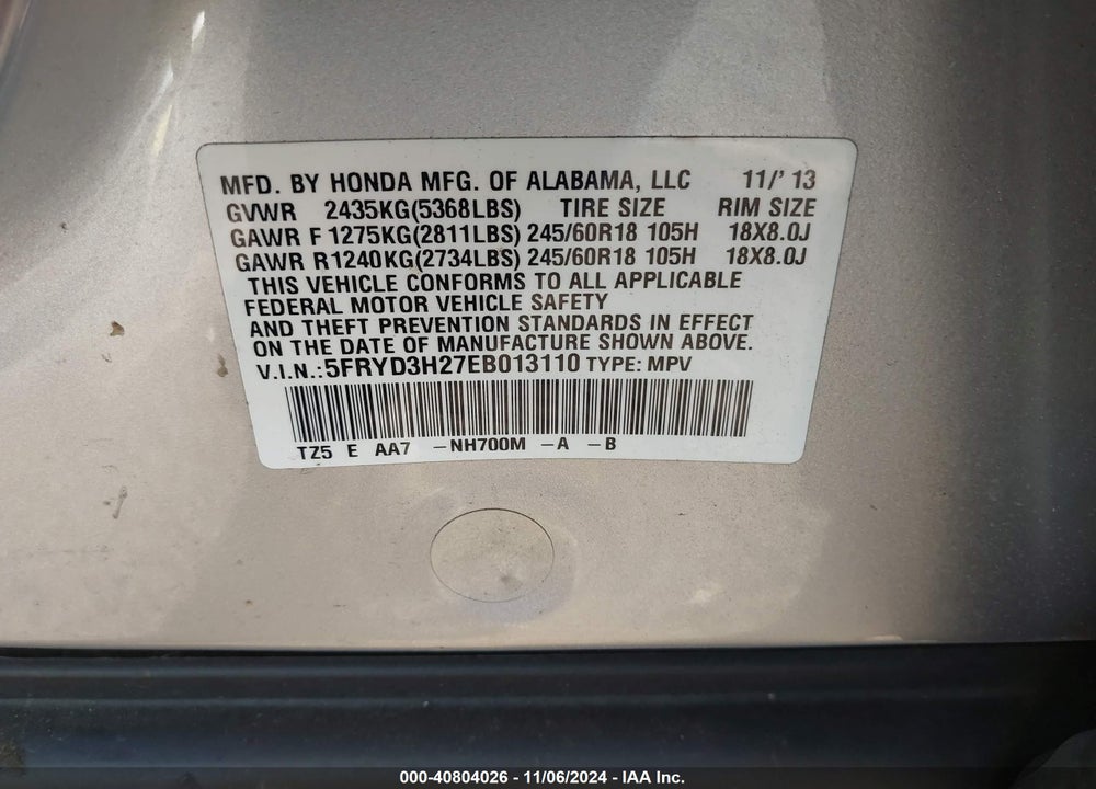 2014 ACURA MDX VIN: 5FRYD3H27EB013110