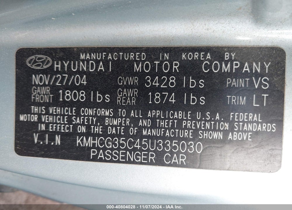 2005 HYUNDAI ACCENT GLS/GT VIN: KMHCG35C45U335030