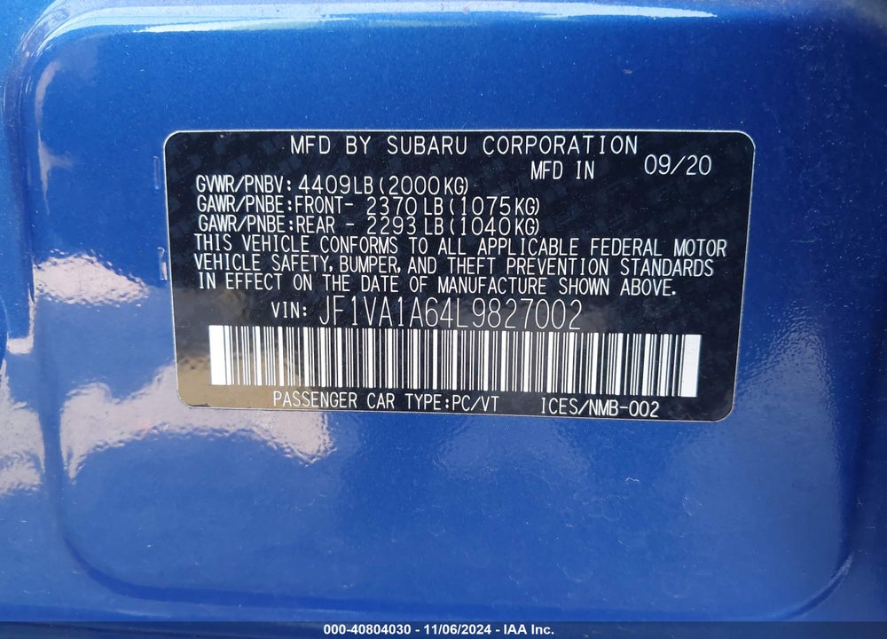 2020 SUBARU WRX VIN: JF1VA1A64L9827002