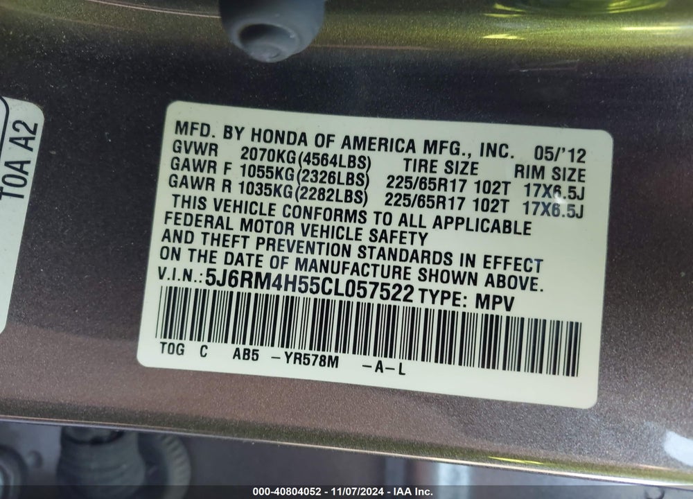 2012 HONDA CR-V VIN: 5J6RM4H55CL057522