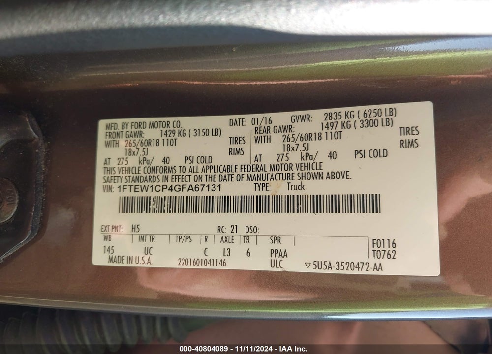 2016 FORD F-150 XLT VIN: 1FTEW1CP4GFA67131