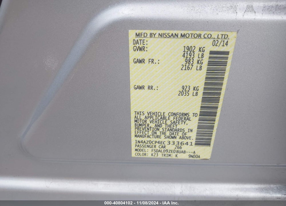 2014 NISSAN LEAF SV VIN: 1N4AZ0CP4EC333641