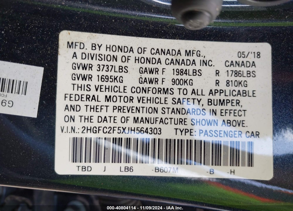 2018 HONDA CIVIC LX VIN: 2HGFC2F5XJH564303
