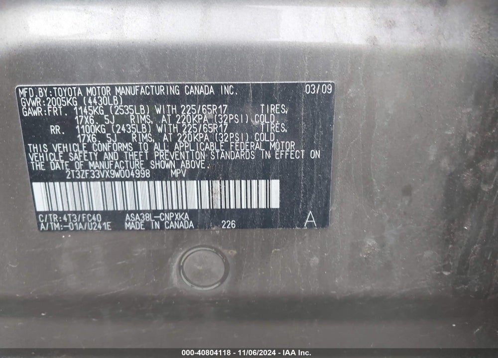 2009 TOYOTA RAV4 VIN: 2T3ZF33VX9W004998