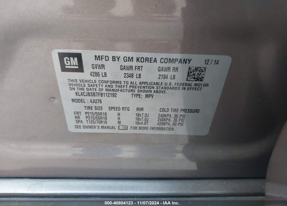 2015 BUICK ENCORE CONVENIENCE VIN: KL4CJBSB7FB112192