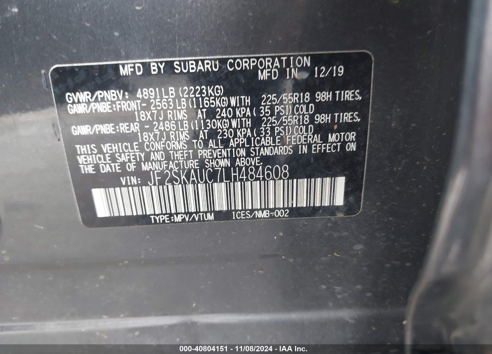 2020 SUBARU FORESTER LIMITED VIN: JF2SKAUC7LH484608