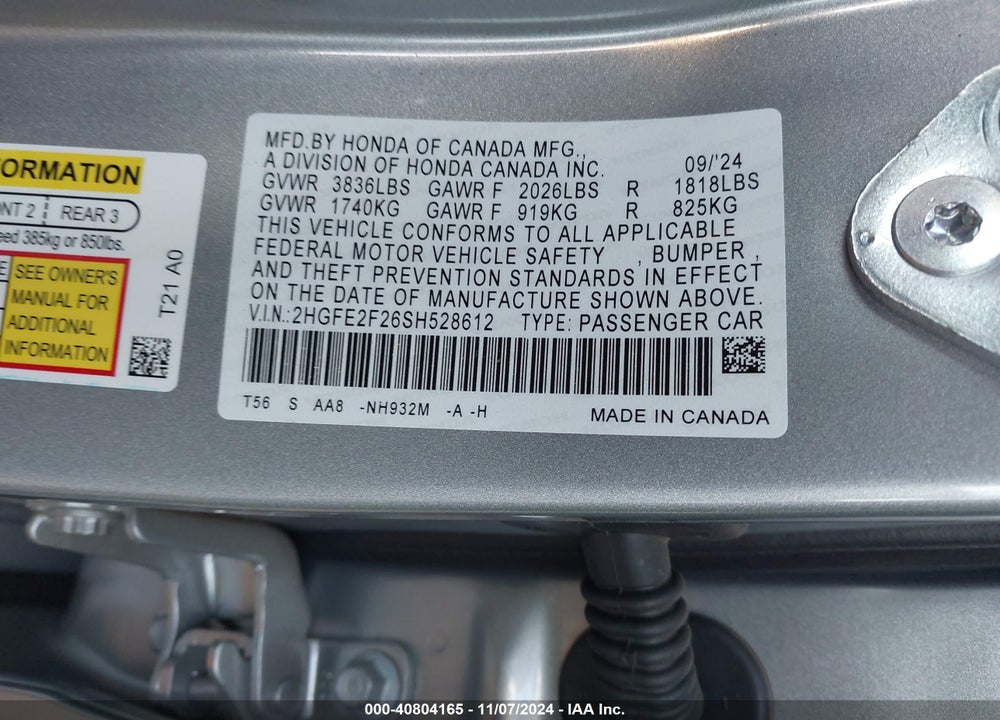 2025 HONDA CIVIC LX VIN: 2HGFE2F26SH528612